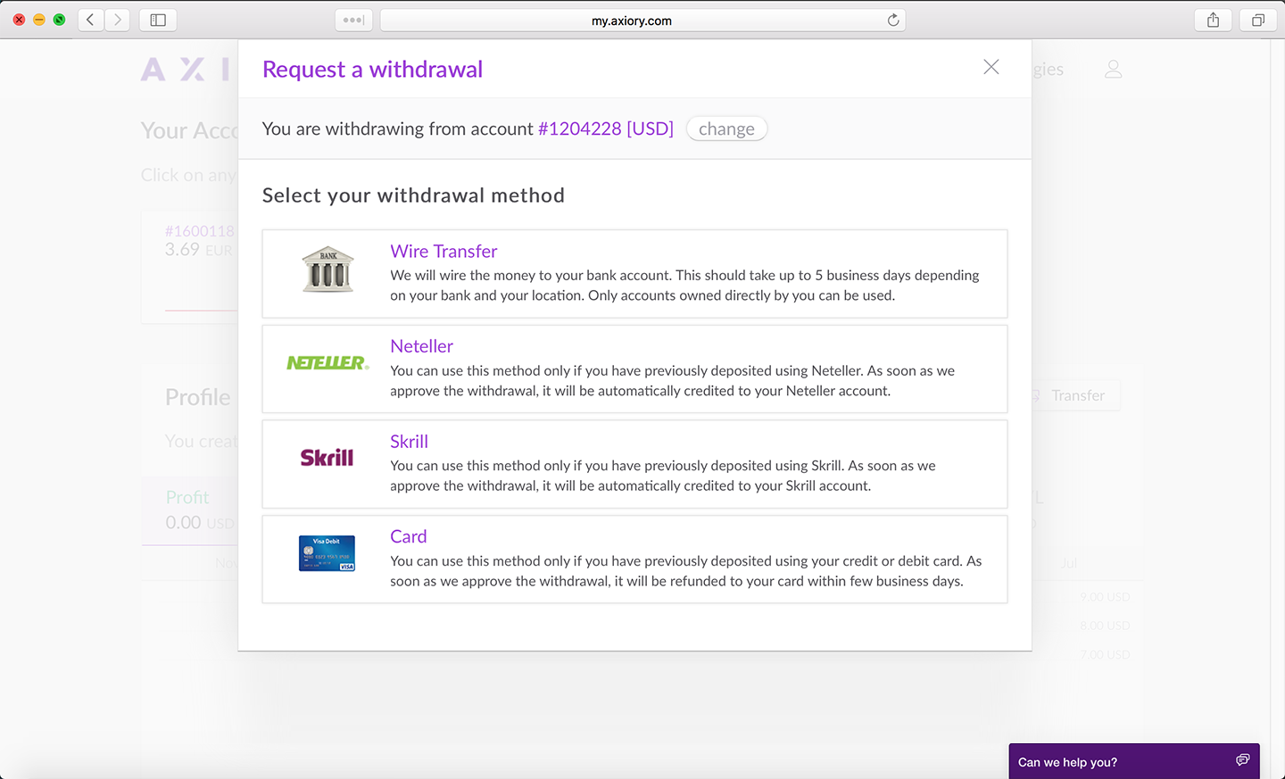 Easy withdrawal request
